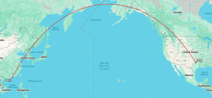 A great circle map showing the DFW to HKG route